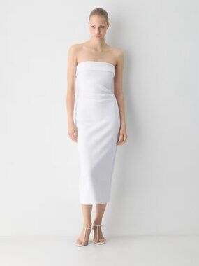 Babaton Strapless White Fitted Midi Dress